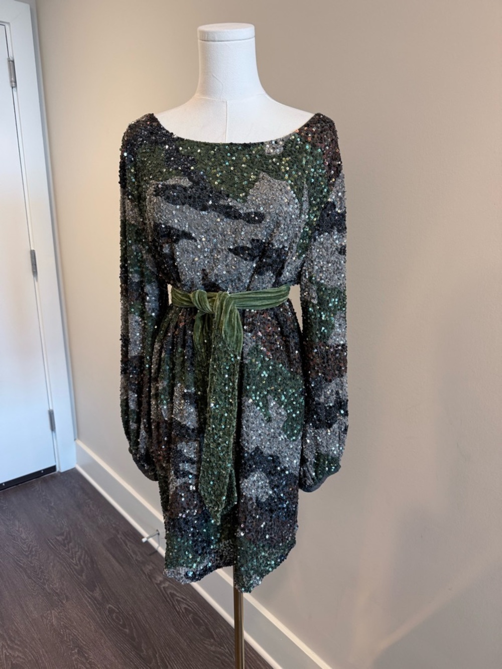 Retrofete Green and Silver Sequin Long Sleeve Belted Dress